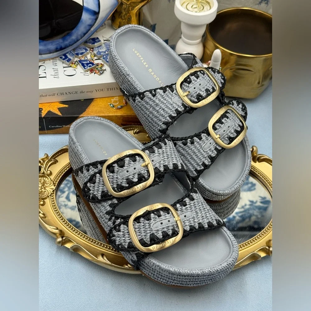 🆕 LOEFFLER RANDALL 🧿 NWOB Theo Embroidered Raffia Platform Sandal, Blue Sz 8